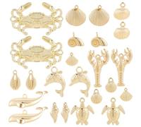 SUNNYCLUE 1 Box 24 Stück 12 Stile Echte 14 Karat Vergoldete Legierung Ozean Charm Meerestier Charms Muschel Meeresschildkröte Panzer Hummer Fisch Delfin Meeresanhänger Für Die Schmuckherstellung Ohrri