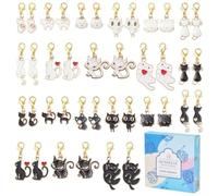 SUNNYCLUE 1 Box 40 Stück 10 Stile Maschenmarkierer Katzen Häkelkatzen Anhänger Legierung Emaille Schwarz Weiß Süßes Kätzchen Kokette Goldene Karabinerverschlüsse Anhänger Zum Weben Stricken Häkeln DIY