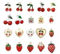 SUNNYCLUE 1 Box 40 Stück 20 Stile Kirsch Erdbeer Anhänger Rote Fruchtanhänger Großpackung Gold Silber Metalllegierung Emaille Sommerfrüchte Herzförmige Quadratische Anhänger Für Die Schmuckherstellung