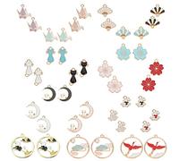 SUNNYCLUE 1 Box 42Stück 21Stile Verschiedene Bunte Emaille Legierung Anhänger Vergoldet Fächer Kirschblüten Blume Katze Flache Runde Anhänger Im Japanischen Stil Für Schmuckherstellung Bastelbedarf