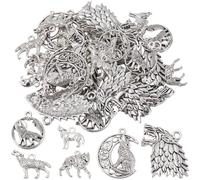 SUNNYCLUE 1 Box 48 Stück 6 Stile Wolfsanhänger Großpackung Legierung Antikes Silber Mond Drache Tibetischer Stil Feder Wilde Tiere Runde Anhänger Zur Schmuckherstellung Anhänger Armbänder Ohrringe Anf