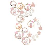 SUNNYCLUE 1 Box 48Stück 12Stile Rosa Blume Charms Emaille Katze Kaninchen Tier Floral Hohl Flach Rund Legierung Kirschblüten Anhänger Bulk Vergoldet Für Schmuckherstellung Charms DIY Ohrringe Zubehör