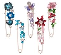 SUNNYCLUE 1 Box 5 Stück 5 Stile Florale Sicherheitsnadeln Große Kiltnadel Roségold Metalllegierung Emaille Strass Blumendekorationen Clipverschluss Kragenbrosche Für Pullover Mützen Schals Kleidung DI