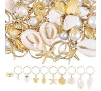 SUNNYCLUE 1 Box 60 Stück 6 Stile Muschel Haaranhänger Haarspangen Anhänger Metall Gold Sommer Meer Hölle Kunstperlen Seesterne Schildkröten Haare Zopfring Charm Für Frauen Dreadlocks