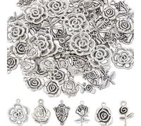 SUNNYCLUE 1 Box 72 Stück Rosen Charms Valentinstag Tibetischer Stil Antik Silber Rosen Blumen Charm Vintage Chic Kleine Rose Hohle Charms Valentinstag Liebes Charms Für Die Schmuckherstellung Charms D