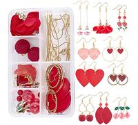 SUNNYCLUE 1 Box DIY 10 Paar Valentinstag Ohrring-Kits Rote Blume Kirsche Charms Runde Stoff Stoff Herz Leder Anhänger Mit Ohrringhaken Für Handgefertigte Ohrringe Anfänger