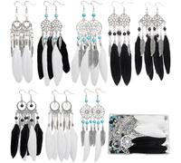 SUNNYCLUE 1 Box Mit 8 Paar Ohrringen Zum Basteln Feder Anhänger Großpackung Böhmische Weiße Und Schwarze Feder Anhänger Ohrring Kronleuchter Anhänger Böhmische Anhänger Für Schmuckherstellungs Sets Fü