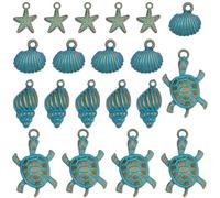 SUNNYCLUE 1 Schachtel 32 Stück 4 verschiedene Muschel Anhänger Grüne Patina Staubschutzstöpselkbronze Türkisfarben Seestern Schildkröte Muschel Meeresschnecke Anhänger Für Schmuckherstellung Halskette