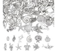 SUNNYCLUE 1 Schachtel 72 Stück 12 verschiedene Silberne Ozean Anhänger Kleine Anhänger Aus Metalllegierung Mit Meeresmotiven Wie Schildkröten Seesternen Fischen Und Muscheln - Ideal Für Schmuckherstel