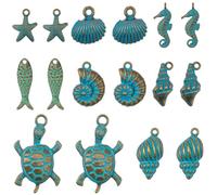 SUNNYCLUE 1 Schachtel Mit 32 Stück 8 verschiedenen Muschel Anhängern Seepferdchen Anhängern Aus Metall In Antikbronze Und Türkis Meerestier Anhängern (Seesterne Fische Meeresschildkröten) Für Die Schm