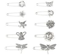 SUNNYCLUE 20 Stück 10 Stile Silber Kiltnadeln Dekorative Sicherheitsnadel Metall Tier Pflanze Schmetterling Florid Libelle Vögel Einhörner Taillenspanner Knopf Brosche Für Pullover Kleidung Kleider Zu