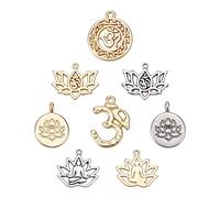 SUNNYCLUE 24 stücke 8 Stil Gemischt Lotus Yoga OM OHM Blume Charme Anhänger Schmuckzubehör Machen Zubehör Für DIY Halskette Armband Crafting Antikem Silber & Golden