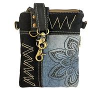 Sunsa Damen kleine Umhängetasche. Nachhaltige Tasche aus recycelte Jeans & Leder. Crossover bag in Vintage Retro Stil. Schultertasche für Frauen oder Mädchen (Blau schwarz/Mandala)