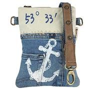 Sunsa Damen Umhängetasche. kleine Schultertasche aus Canvas, recycelte Jeans & Leder. Maritim Vintage Design Crossover Bag. Nachhaltige Tasche für Seeliebhaber mit Anker