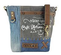 Sunsa Damen Tasche aus recycelter Jeans. Umhängetasche mit Vintage Druckmotive