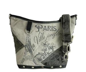 Sunsa Damen Umhängetasche Vintage Crossbody Bag aus Canvas & Leder, Handtasche mit Paris-Aufdruck, graue Schultertasche Retro Mittelgroße Tasche Damentasche als Geschenk für Frauen