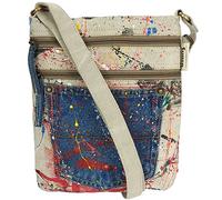 Sunsa Damen vegane Umhängetasche. Nachhaltig Crossover Tasche aus Leinwand & recycelte Jeans. Jede Schultertasche ist Unikat. (offwhite bunt)