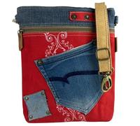 Sunsa Umhängetasche aus rote Canvas & recycelter Jeans. Nachhaltige Crossbody Bag