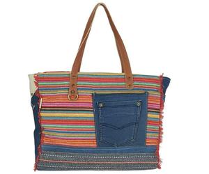 Sunsa XXL Handtasche aus recycelte Jeans, canvas & Leder. Nachhaltige Schultertasche. Shopper mit Streifen Design
