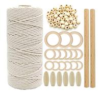 Suolong Makramee-Set, natürliche Makramee-Schnur, 3 mm, 50 Stück Holzperlen, 15 Stück Holzringe, 2 Stück Holzstäbchen, für Wandbehang, Bastelarbeiten, DIY, 100 m lang