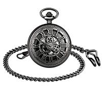 SUPBRO Damen Herren Taschenuhr Römische Loch Ziffern Analog Mechanische Kettenuhr Uhr mit Halskette Pullover Kette Schwarz