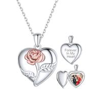 Supcare Damen Rose Herz Medaillon zum Öffnen für Bilder S925 Locket Blumen Necklace Vintage Text Foto Halskette mit Anhänger Amulett Souvenir Personalisiert Modeschmuck für Frauen Mädchen