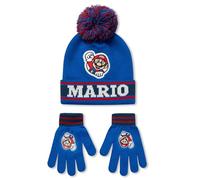 Super Mario Nintendo Jungen-Beanie-Mütze und Handschuh-Set | Gestrickte Bommelmütze für Kinder in Blau und Rot | Gestreifter Kopf- und Handwärmer für Kinder in Einheitsgröße
