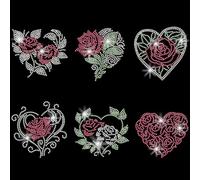 SUPERDANT 6 Motive Rosenherz Bügelstrass Transfer Herz Aufbügler T-Shirts Kristall Bügeltransfer Hotfix Strasssteine Für Kleidung Taschen DIY Basteln Hochzeitsparty