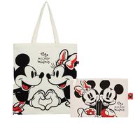 Superdiver Set Einkaufstasche und Kosmetiktasche Mickey und Minnie - Offizielle Disney-Lizenz - Baumwolle und Polyester - Ideal für den Alltag oder als Geschenk - Tasche 37x41 und Täschchen 22,5x16