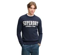 Rundhalspullover SUPERDRY "APPLIQUE GRAPHIC JUMPER", Herren, Gr. XXL, blau (eclipse navy), Strick, Obermaterial: 100% Baumwolle, bedruckt, slim fit normal, Rundhals, Bündchen, Pullover Rundhalspullove