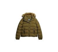 Superdry Damen Kurze Pufferjacke mit Kapuze und Kunstfellbesatz Camouflage Kaki 40