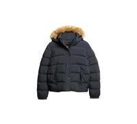 Superdry Damen Kurze Pufferjacke mit Kapuze und Kunstfellbesatz Finster Marineblau 42