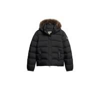 Superdry Damen Kurze Pufferjacke mit Kapuze und Kunstfellbesatz Tiefschwarz 42