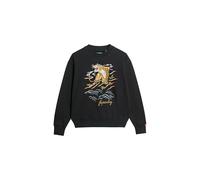 Sweatshirt SUPERDRY "SUIKA EMBROIDERED LOOSE CREW", Damen, Gr. XS, schwarz, Sweatware, Obermaterial: 75% Baumwolle, 25% Polyester, bedruckt, relaxed fit taillenbedeckt, Rundhals, Rippbündchen, Sweatsh