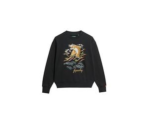Superdry Damen Lässiges Suika Sweatshirt mit Rundhalsausschnitt und Stickerei Schwarz 36