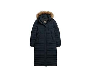 Superdry Damen Lang geschnittener Fuji Steppmantel mit Kapuze Nordisch Chrom Marineblau 40
