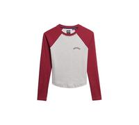 Superdry Damen Langärmeliges, Geripptes Essential Baseball-Oberteil mit Logo Vintageweiß Meliert/Bordeauxrot 44