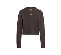 Superdry Damen Langärmeliges, Geripptes Kurztop mit Stickerei Dunkles Eichenbraun 40