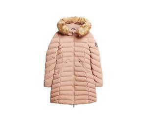 Superdry Damen Mittellanger Fuji Steppmantel mit Kapuze aus Kunstfell Winter Taupe 44