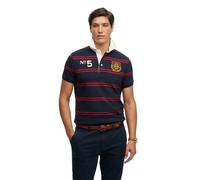 Poloshirt SUPERDRY "DOUBLE EMBLEM JERSEY SS RUGBY", Herren, Gr. XXL, navy, rot chest band stripe, Single Jersey, Obermaterial: 100% Baumwolle, gestreift, relaxed fit normal, Rundhals, Shirts, im anges