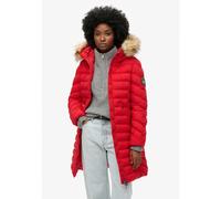 Steppjacke SUPERDRY "FUJI FAUX FUR HOOD MID LENGTH", Damen, Gr. XS, rot (dunkelrot), Web, Obermaterial: 100% Polyester, unifarben, slim fit, Jacken Steppjacke, Slim Fit, mit Reißverschluss, aus Polyes