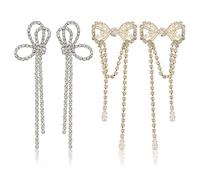 SUPERFINDINGS 2 Paar Kristall Schleifen Ohrringe Silberne Strass Quasten Statement Ohrringe Lange Kette Baumelnde Ohrringe Leichte Glänzende Stab Ohrringe Set Schmuck Für Frauen Und Mädchen
