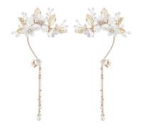 SUPERFINDINGS 2 Stück Blumes Perlen Tropfen Ohrringe Goldene Nicht Piercing Quasten Stil Ohrringe 2 Stile Strass Ohr Knochen Haken Clip Ohrringes Braut Hochzeit Schmuck Für Frauen Schmuck Geschenke