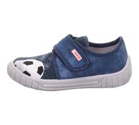 Hausschuh SUPERFIT "BILL, WMS: mittel", Mädchen, Gr. 32, blau (jeansblau fußball), Baumwolle, meliert, Schuhe Hausschuh, Klettschuh, mit Logoschriftzug, Größenschablone zum Download (88194949-32) jean