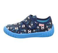Hausschuh SUPERFIT "BILL, WMS: mittel", Mädchen, Gr. 33, dunkelblau kombiniert fußball, Baumwolle, bedruckt, Schuhe Hausschuh, Kindergartenschuh mit Motivdruck, Größenschablone zum Download (90028351-