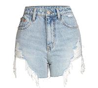 Superkurze Denim-Jeans Für Sexy Frauen, Einfarbig, Hohe Taille, Knopf-Reißverschluss, Taschen, Super-Mini-Shorts, Schmale, Elastische, Gebrochene Löcher, Schleifen, Quastensaum, Sommer-Strand-Sho