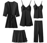 Superora 5PC Schlafanzüge Nachthemd Set für Damen Satin Morgenmantel Spitze Lace Bademantel Shorts Rock Hosen