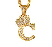 Suplight Herren Buchstabe C Halskette Iced-Out CZ Krone Anhänger mit 56+5cm Weizenkette 18k vergoldet Hip Hop Rapper Modeschmuck Accessoire für Jungen