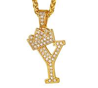 Suplight Iced-Out Buchstabe Y Kette Herren 18k vergoldet Krone Anhänger Halskette 3mm/56+5cm Weizenkette Hiphop Modeschmuck Accessoire für Rapper Biker
