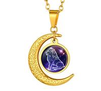 Suplight Unisex Collier Sternzeichen Löwe Halskette Damen Horoskop Sternbilder Halbmond Anhänger 50+5cm 18k vergoldet Rolokette Tierkreis Modeschmuck für Männer Frauen
